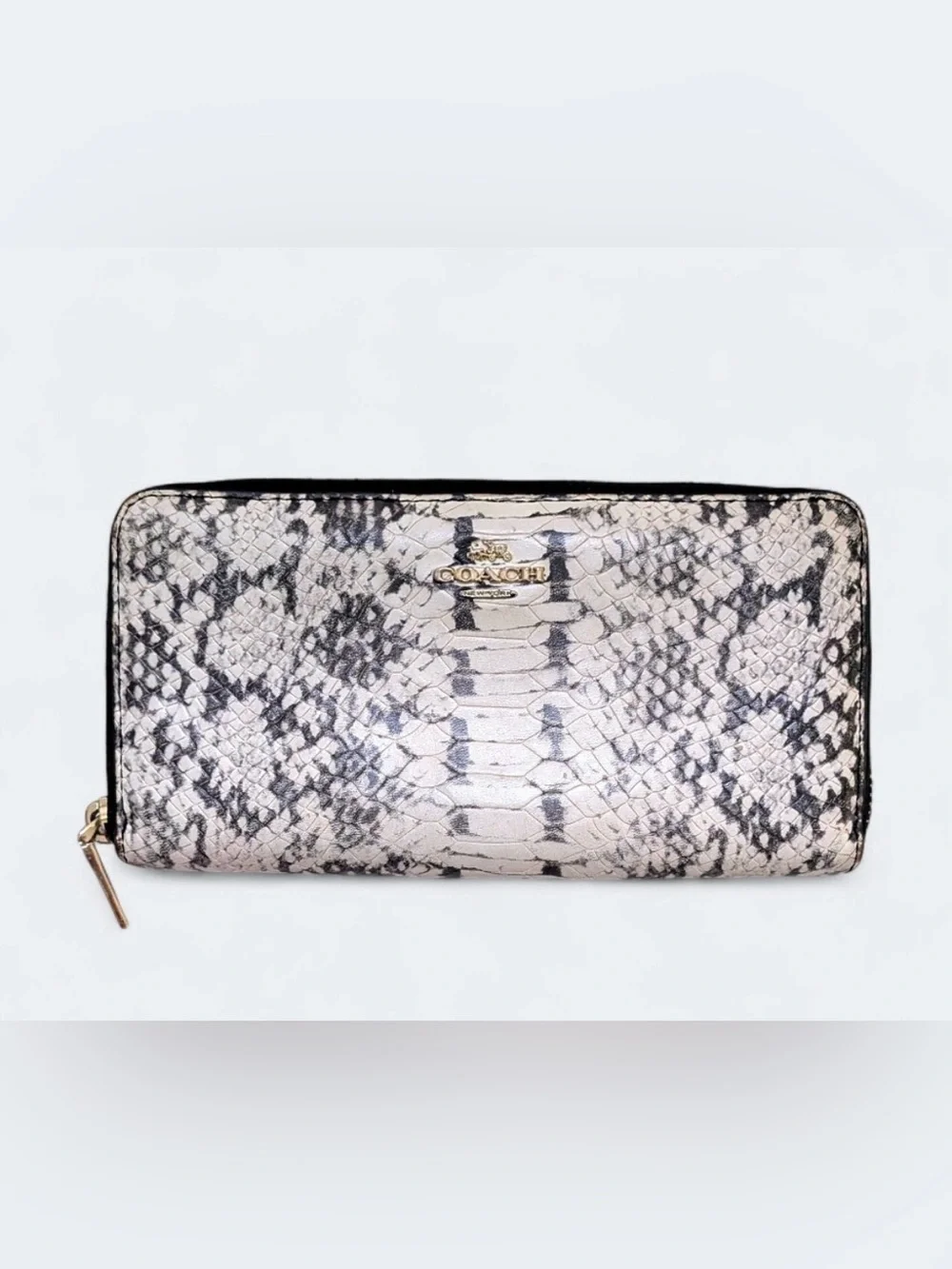 Coach Python Embossed Zip Wallet Black White Snake Exotic Print Accordion Style